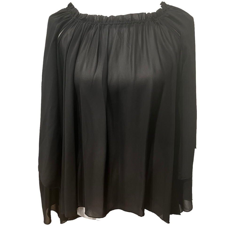 Elan Blouse Chiffon Tunic Top with Adjustable Cut Out Neckline Black Size Small